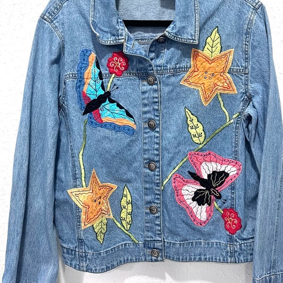 White Stag vintage Blue Jean Jacket with Colorful Patches Large - Picture 3 of 6